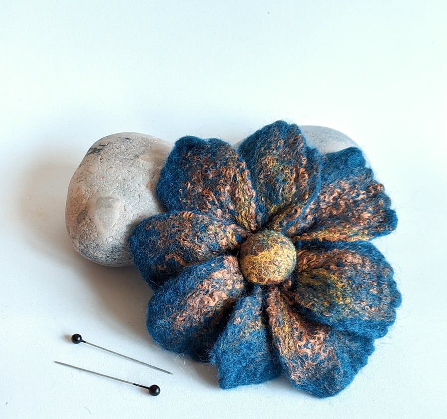 Large felted flower brooch - blue and yellows