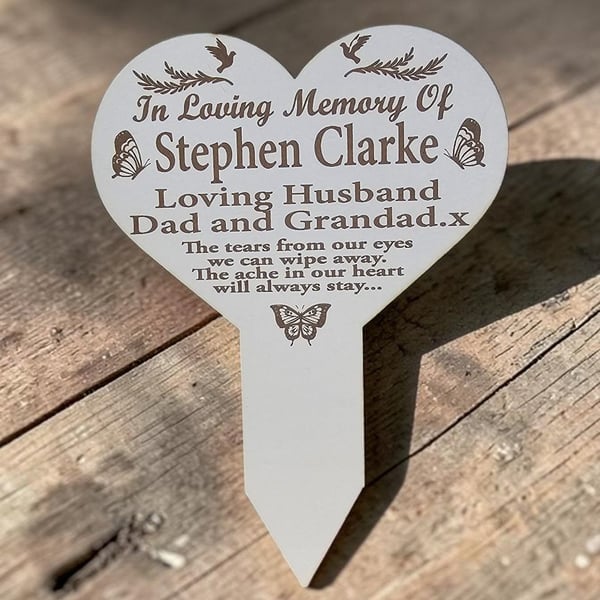 Graveside memorial marker stake white beige personalized family funeral wood