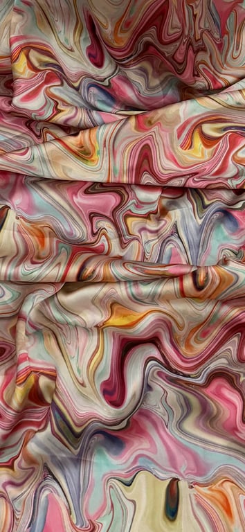 Pink Multicoloured Waves Print Charmeuse Satin Fabric 45'' PRICE PER METER