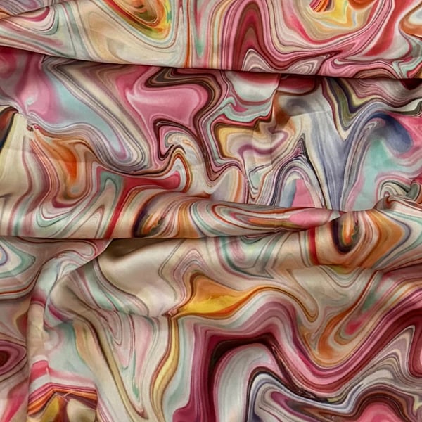 Pink Multicoloured Waves Print Charmeuse Satin Fabric 45'' PRICE PER METER