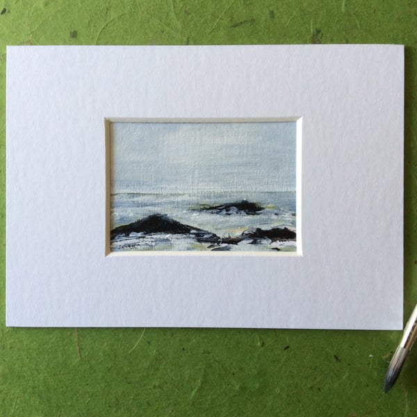 Rocky shore - original, miniature acrylic seascape