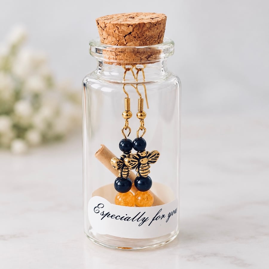 Golden Citrine & Black Onyx Bee Earrings in a Bottle – Sterling Silver Hooks