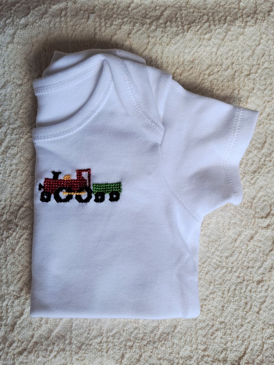 Train Baby Vest, age 3-6 months, hand embroidered