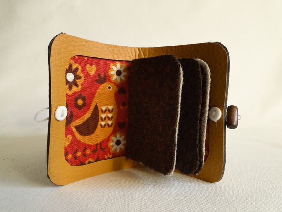 Needle Case in Yellow Faux Leather with Folk Bird Fabric - Needle Book