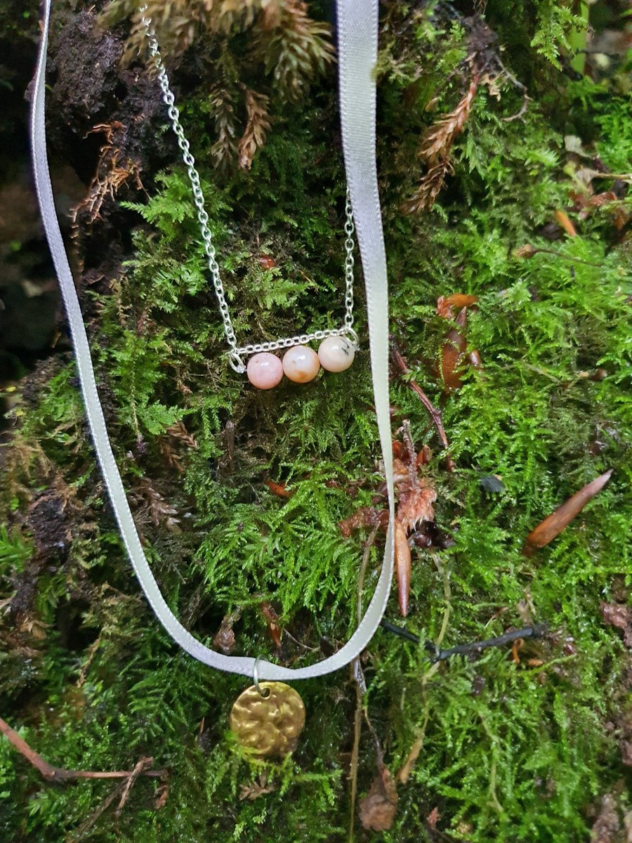 Pink Peruvian Opal layered ribbon necklace with gold pendant