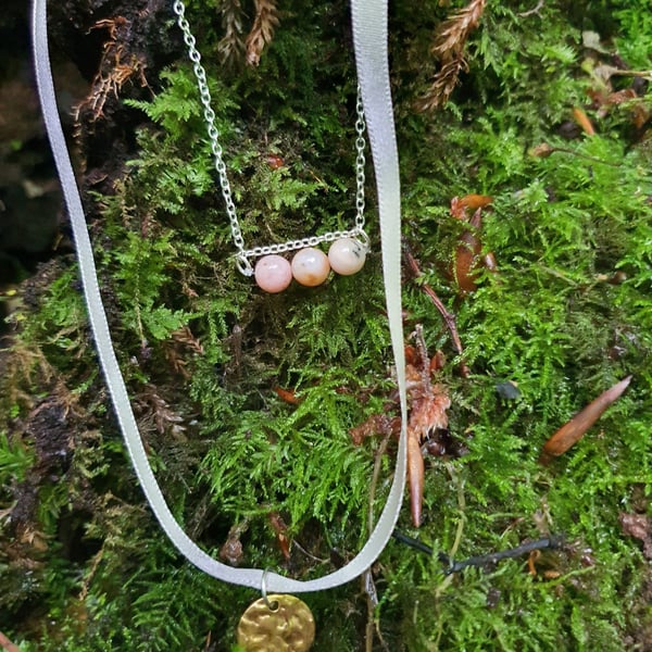 Pink Peruvian Opal layered ribbon necklace with gold pendant