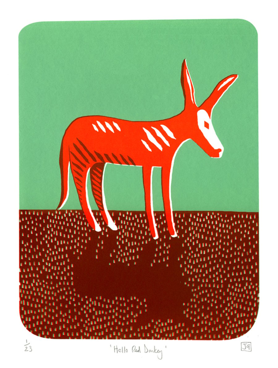 Hello Red Donkey screen-print (50x35cm)