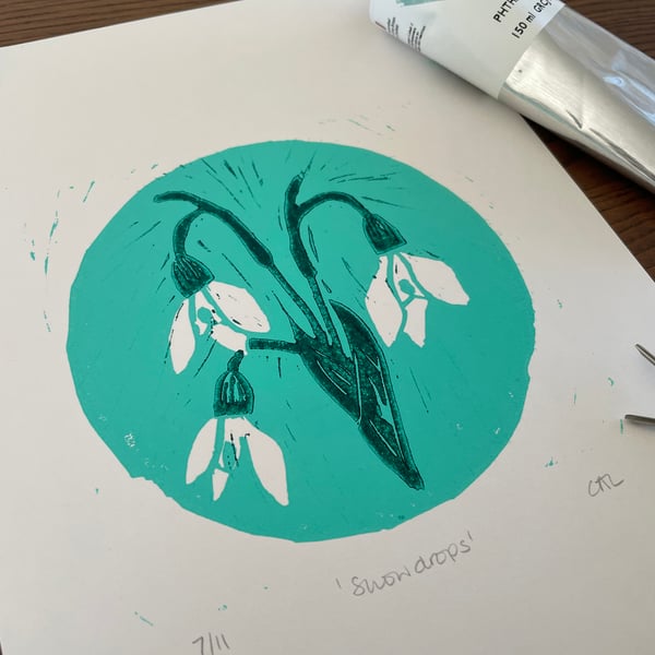 Snowdrops - A4 Colour Lino Print