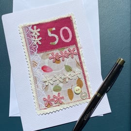 50th birthday card, fabric, free postage 