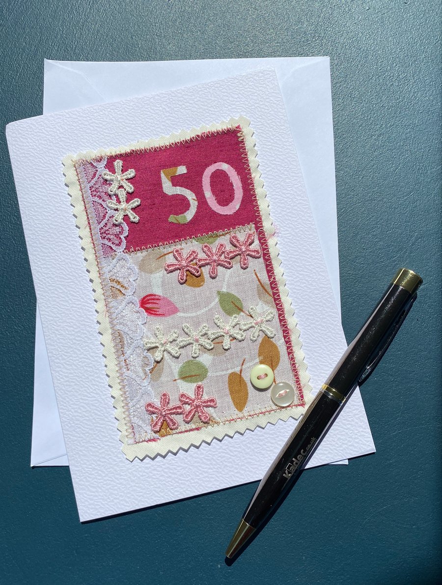 50th birthday card, fabric, free postage 