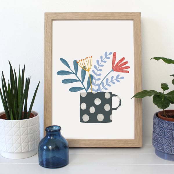 Black Spotty Flower Mug A4 Art Print