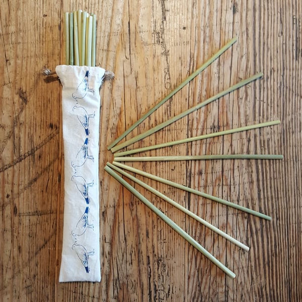 Compostable grass straws in a hand screen printed reuseable drawstring bag