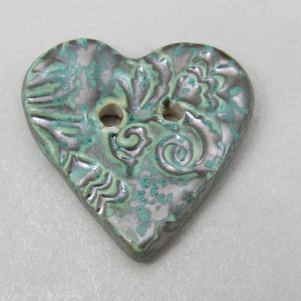 Medium Verdigris Green Brocade Texture Heart Shaped Ceramic Button