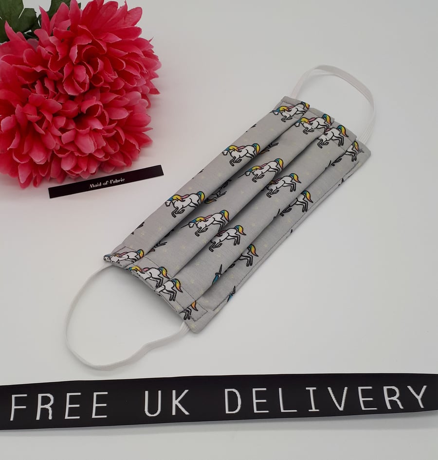 Face mask, medium,  3 layer,  machine washable in grey unicorn 