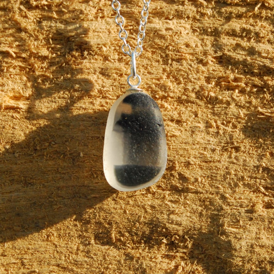 Little black and white sea glass pendant