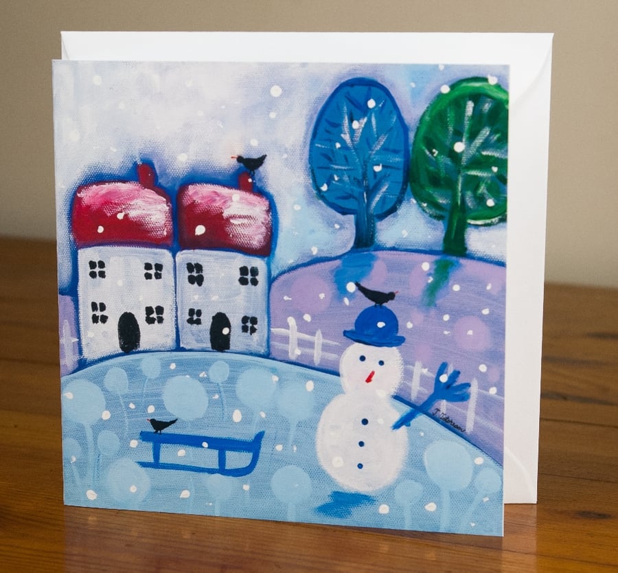 Christmas Winter Card with Snowman, Winter Landscape Card with Snow 
