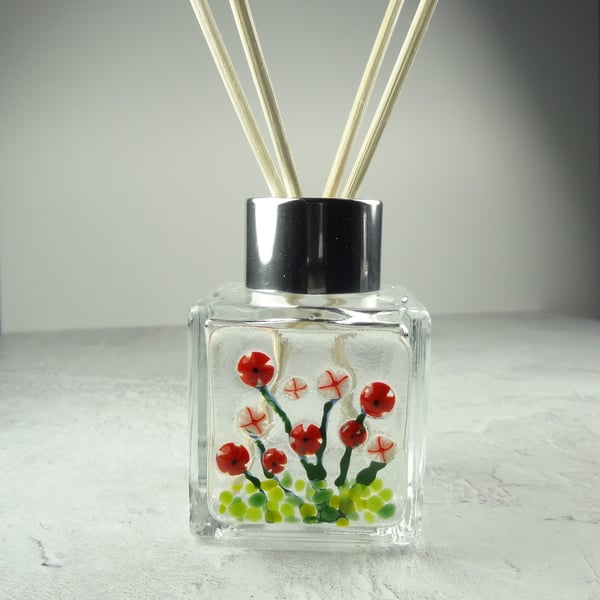 Handcrafted red flowers fused glass reed diffuser – unique gift with 4 reeds v.1