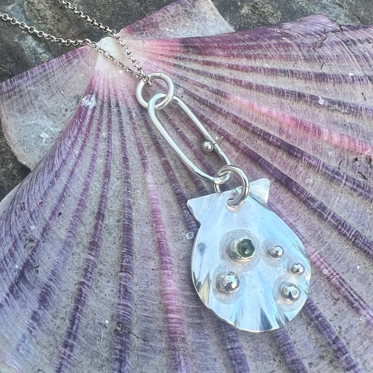 Silver Shell Necklace with Peridot and Silver Barnacles