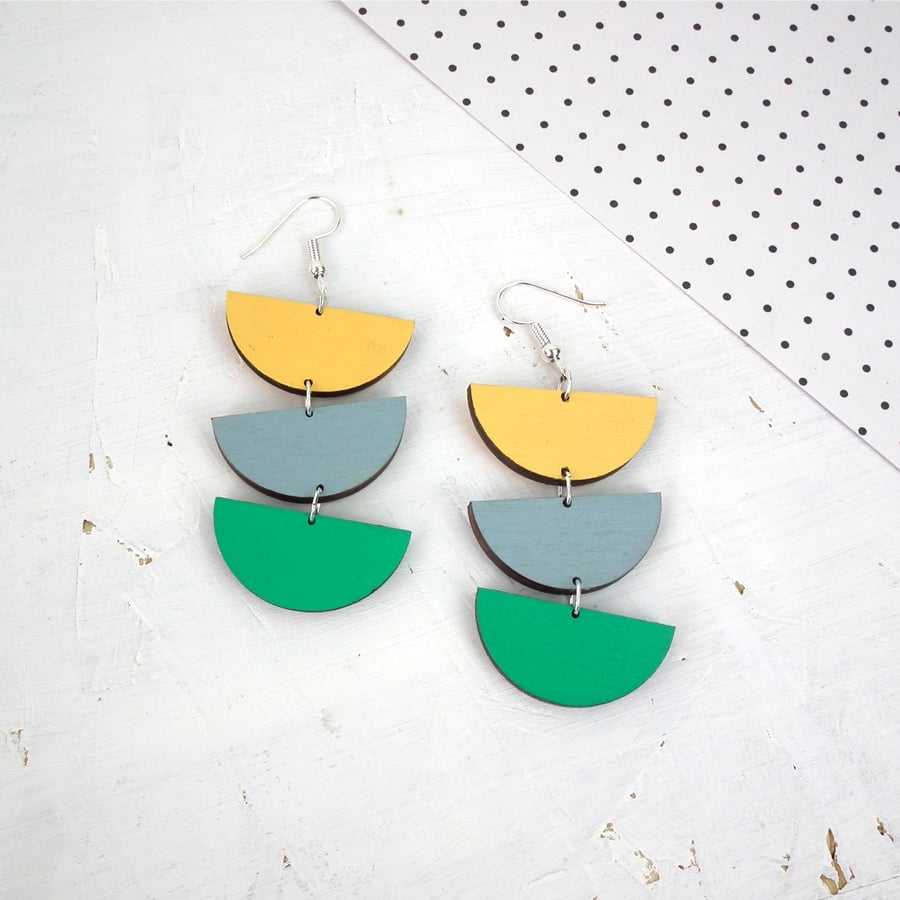 Geometric Semi Circle Wooden Drop Demi Earrings