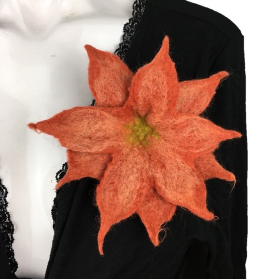 Terracotta wet felted flower brooch, corsage, lapel pin in merino wool
