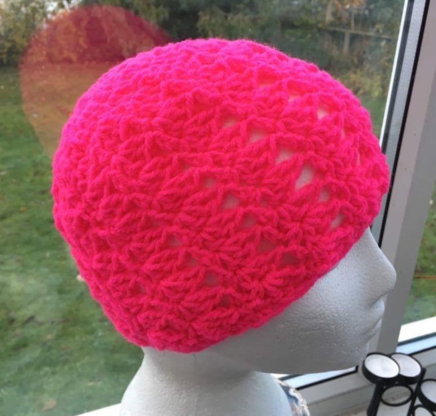 Hot Pink, Super Bright Crocheted Jogger Wear Hat.