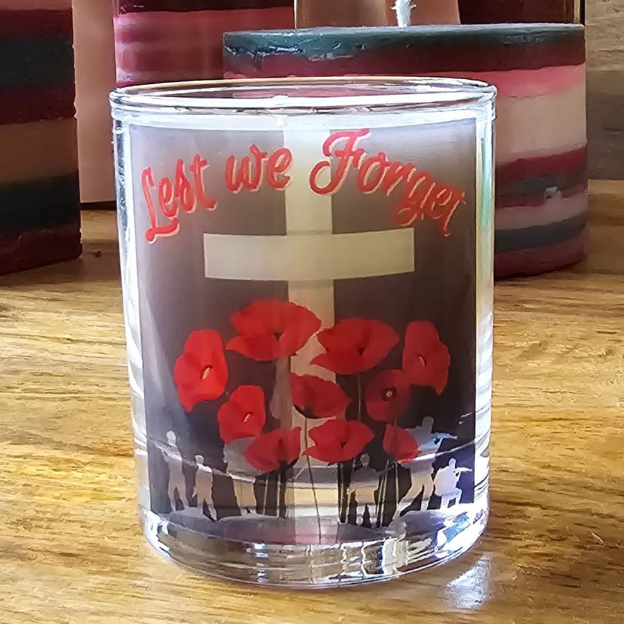 Remembrance Lest We Forget Scented Candle in Glass Donation To Poppy Apeal