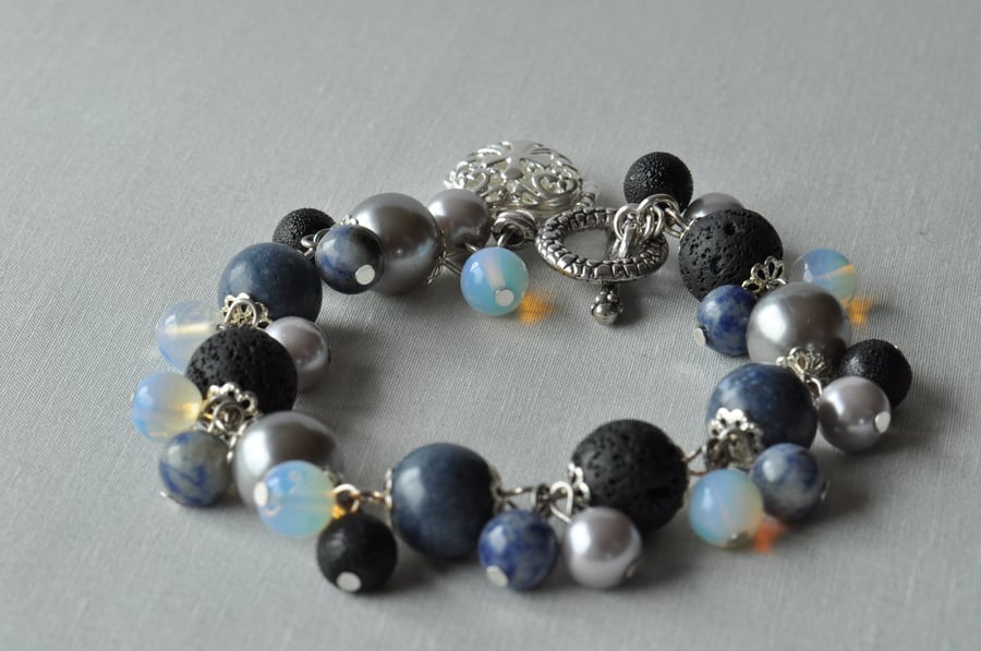 Cloudy Skies Lava Rock, Sodalite, Opal & Glass Bead Bracelet