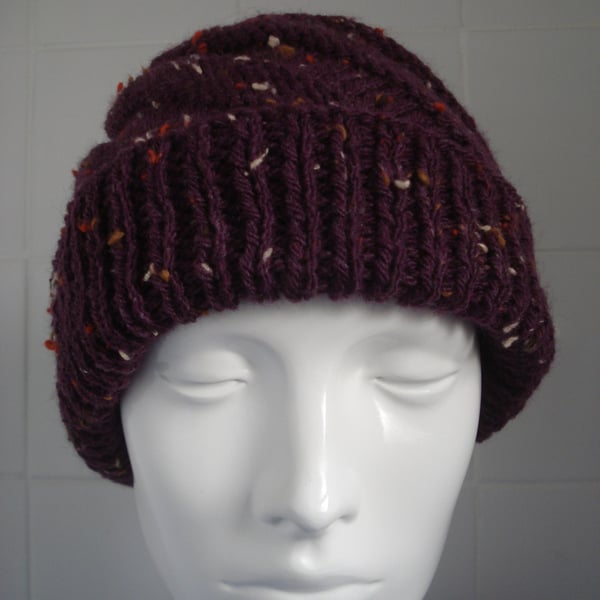 Hand Knitted Acrylic And Wool Plum Coloured Hat With A Twist (R777)