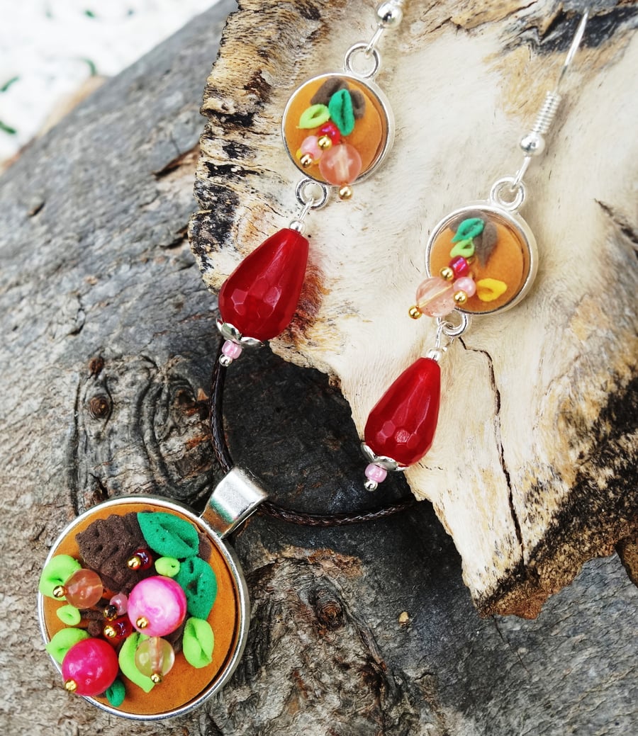 Autumn Berries Clay Jewellery Set, Pink Agate, Handmade Gift for Her