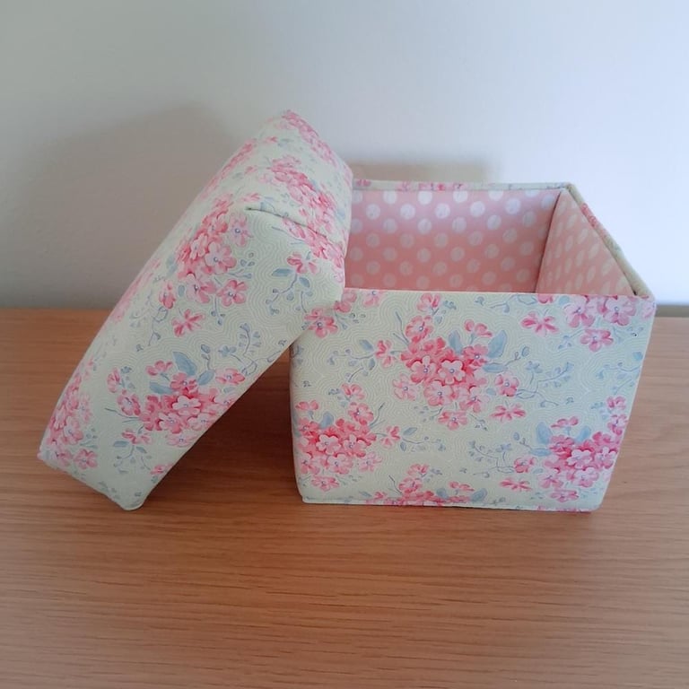 Floral fabric covered trinket box with removable lid