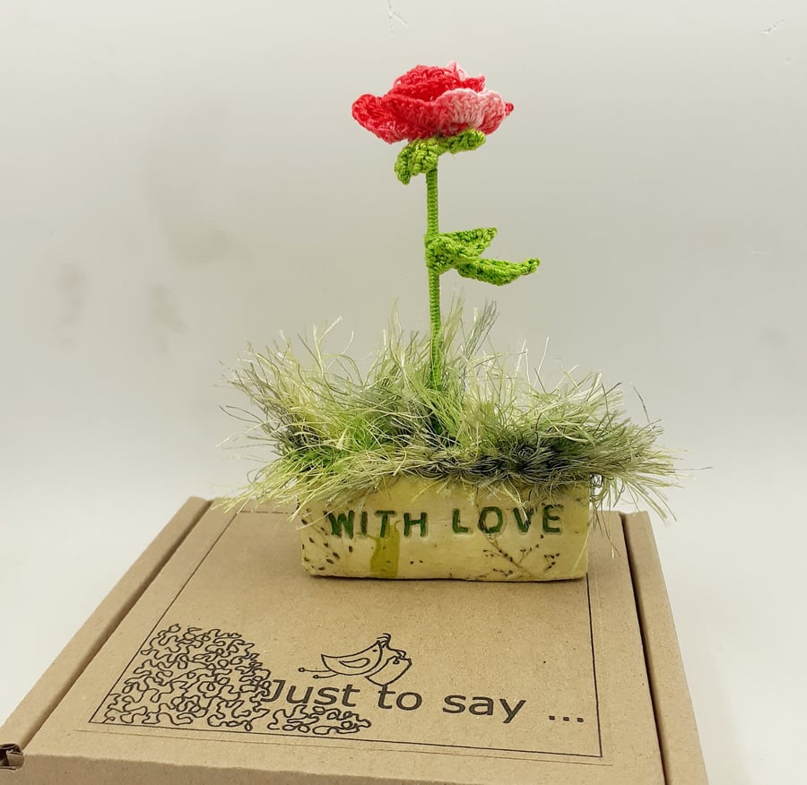 Clay and Crochet Rose - . Alternative to a Greetings Card 