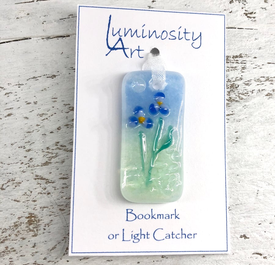 Glass Bookmark or Light Catcher with Blue Flowers