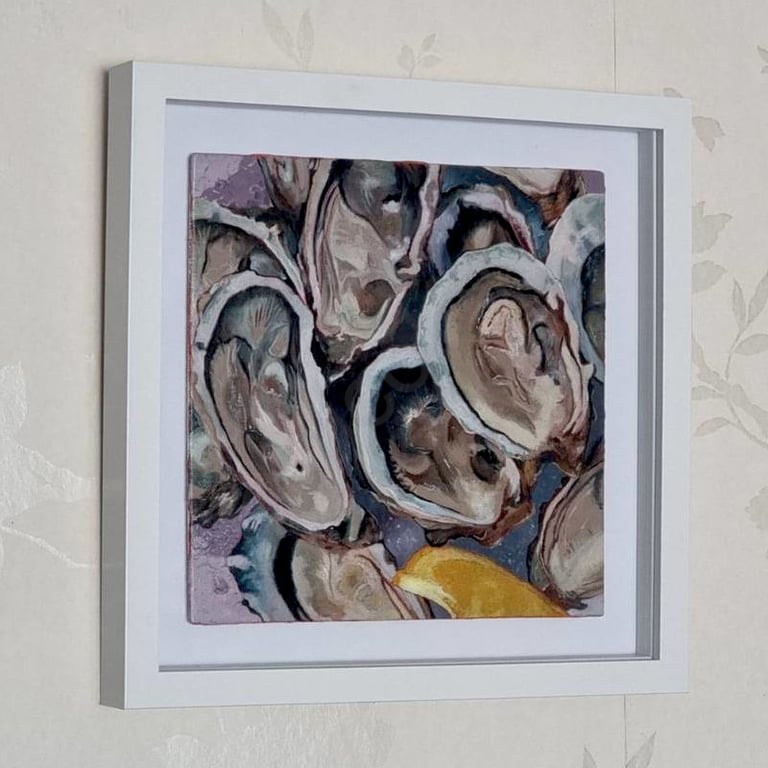 Oyster Original Oil Painting Framed 20x20cm Mollusc Seafood Shucked Canvas Panel