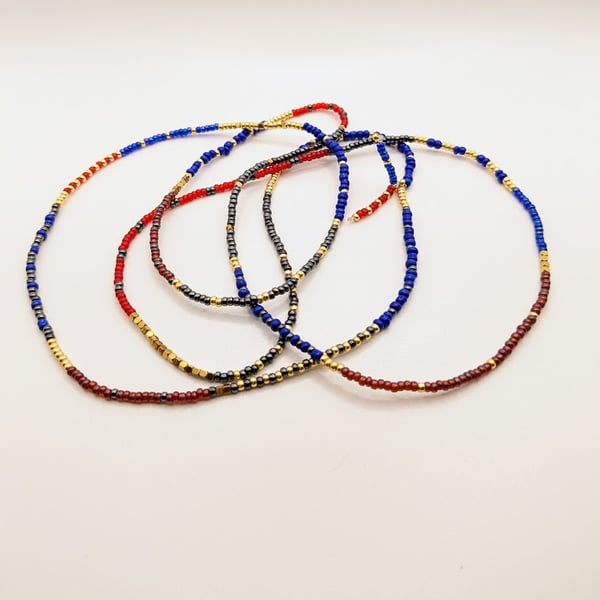 Red blue gold thin glass bead long necklace 