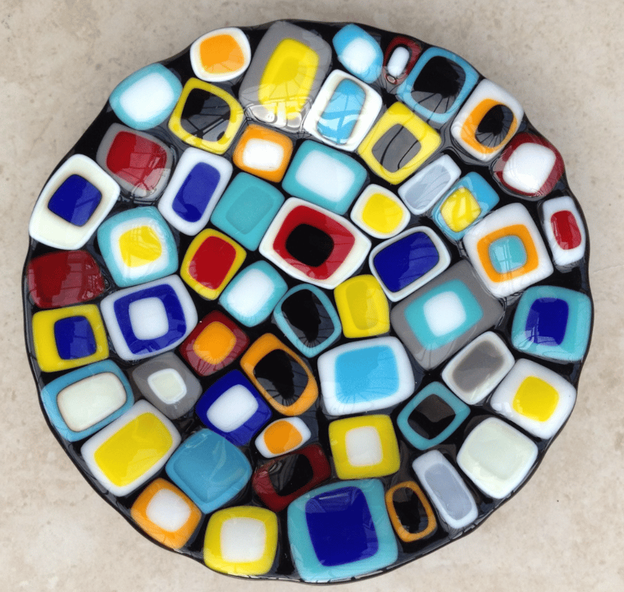 Handmade Fused Glass Decorative Plate 'Stacked Squares'