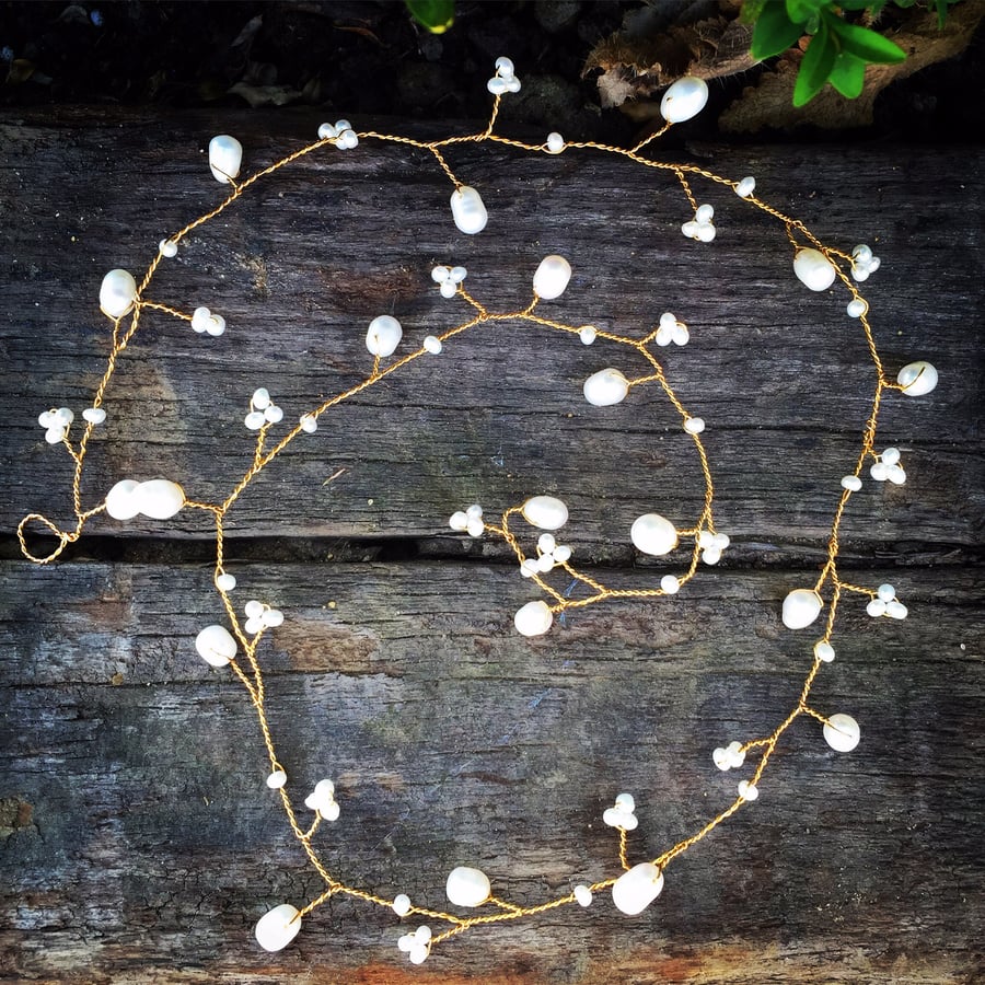 Gold  bridal hair vine freshwater pearls also in silver, long bridal headpiece