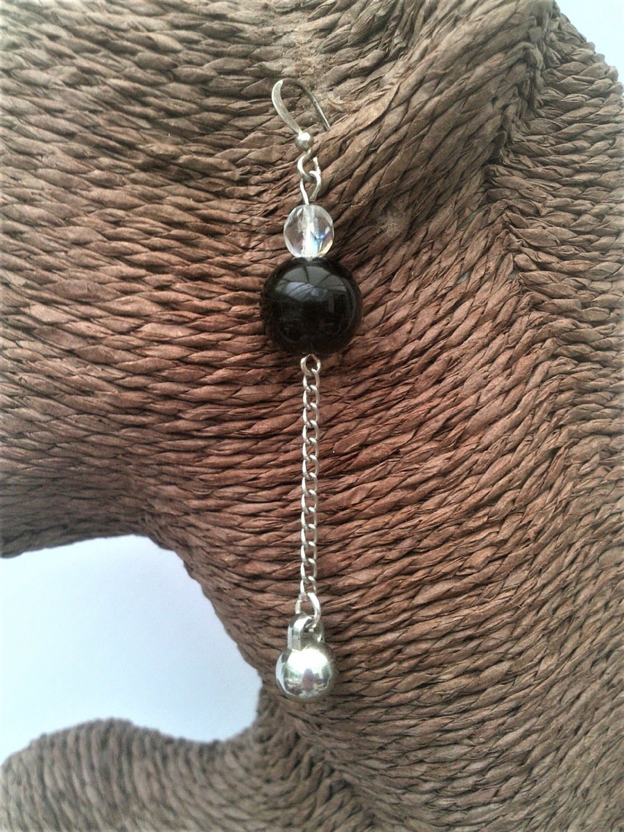 Black Bead Long Earrings, Long Charm Crystal Earrings, Sterling Silver Ear Hooks