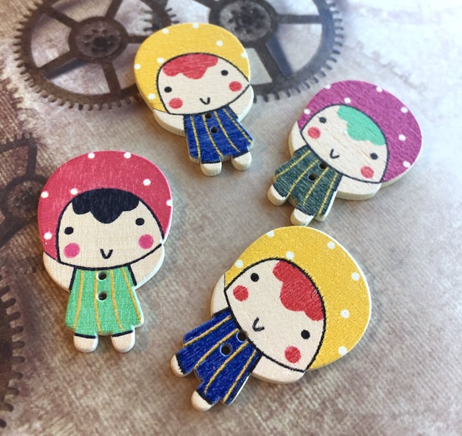 Pack of 10 - Wooden Buttons Girl Embellishment Scrapbooking
