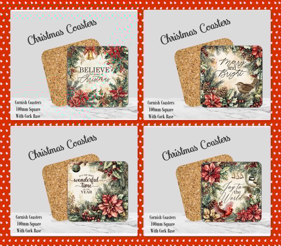 Set of 4 Christmas Words Coasters  100mm (4" ) Square With Cork Base. Design3