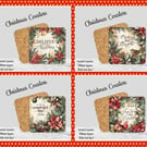 Set of 4 Christmas Words Coasters  100mm (4" ) Square With Cork Base. Design3