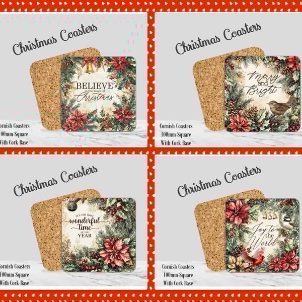 Set of 4 Christmas Words Coasters  100mm (4" ) Square With Cork Base. Design3