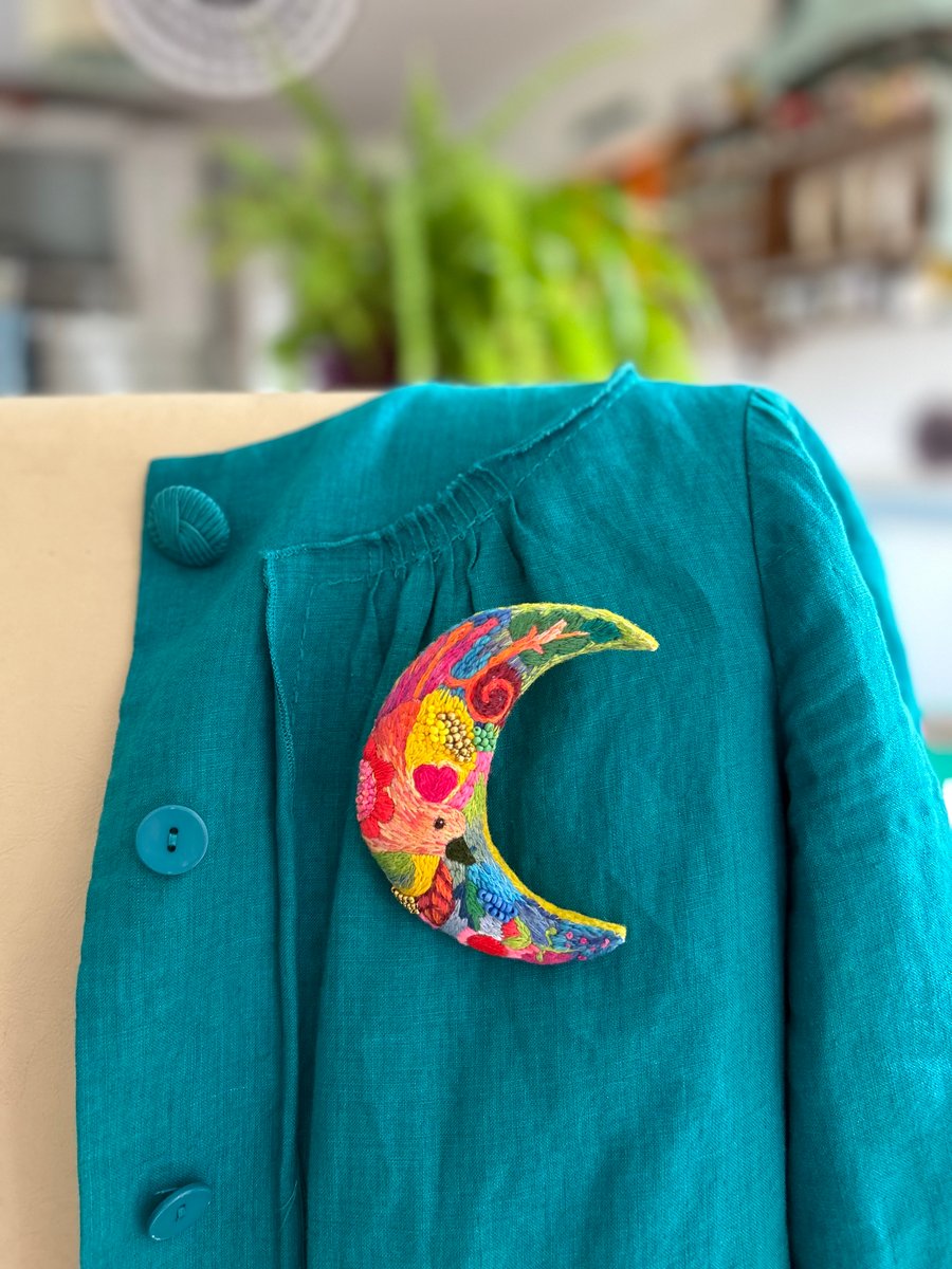 Luna Hand Embroidered Brooch, moon colourful brooch