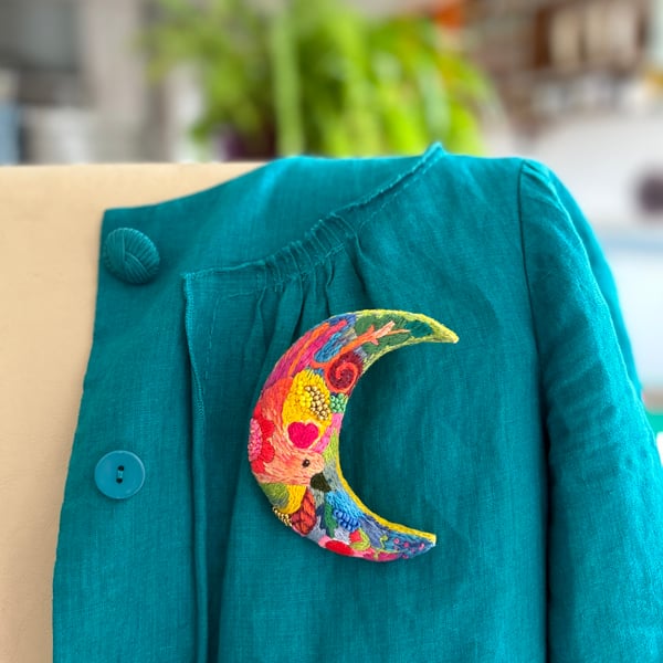 Luna Hand Embroidered Brooch, moon colourful brooch