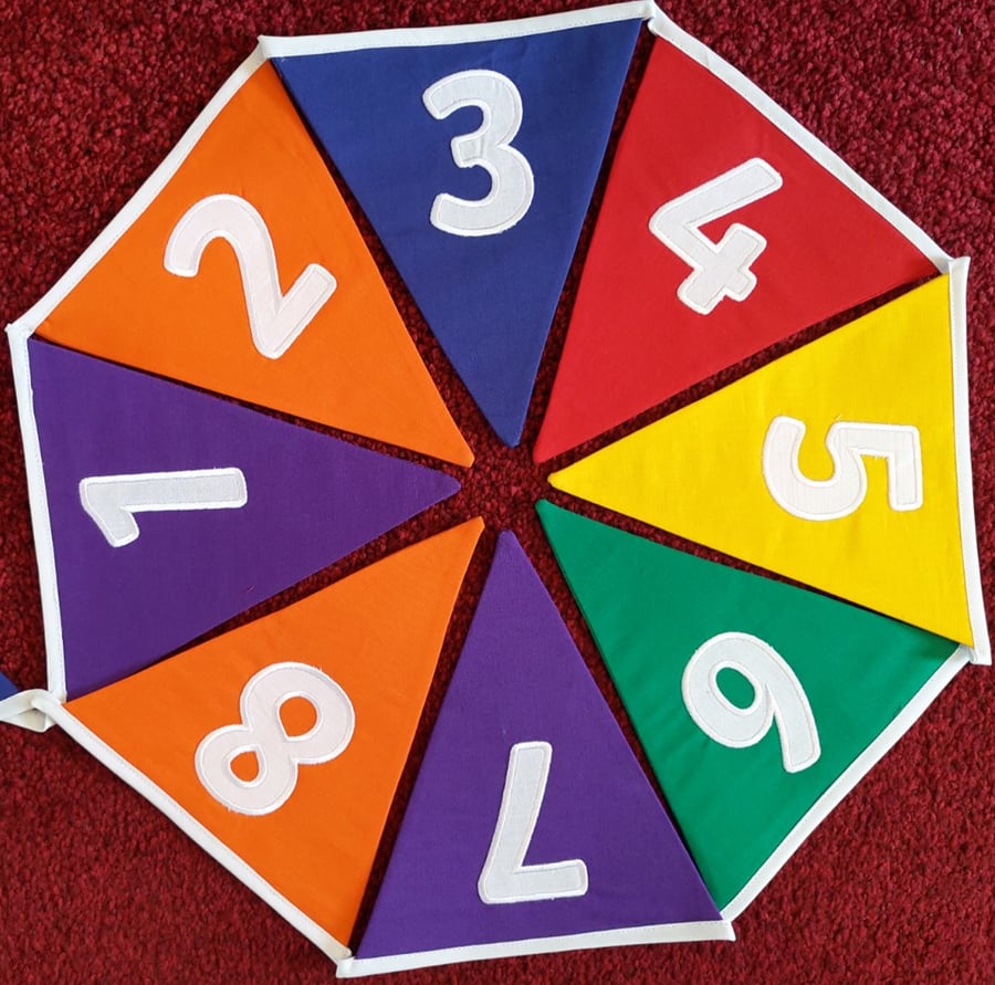 Numbers 0-10 or 1-10 Bunting Rainbow Embroidered 