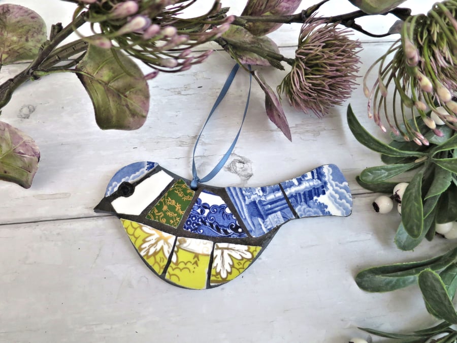 Mosaic Bird Ornament, Handmade Gift Idea, Vintage China Art