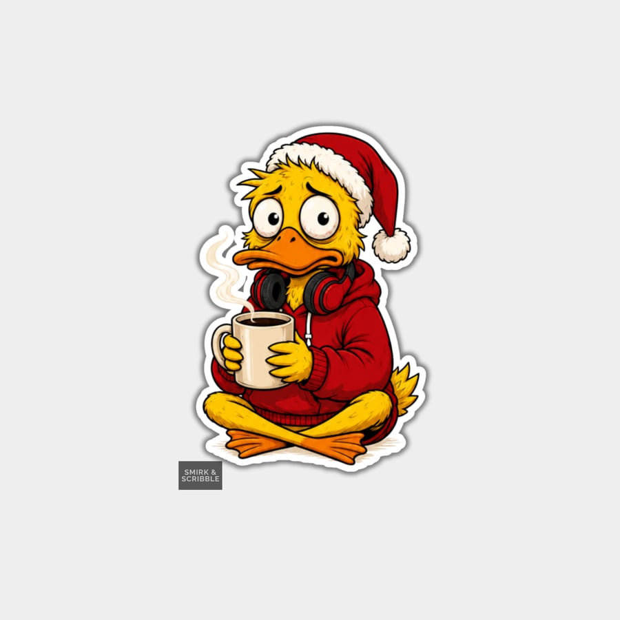 Unique Funny Christmas Sticker Xmas Decal - Cute Duck & Coffee