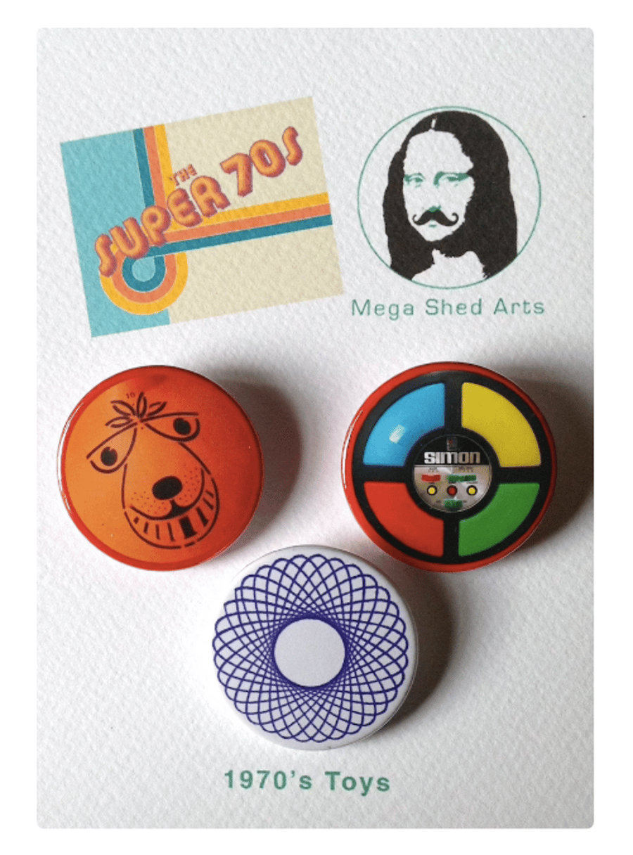  Retro 1970's Inspired Button Pin Badge,Space Hopper, Spirograph