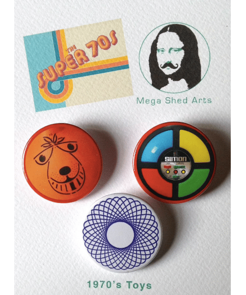  Retro 1970's Inspired Button Pin Badge,Space Hopper, Spirograph