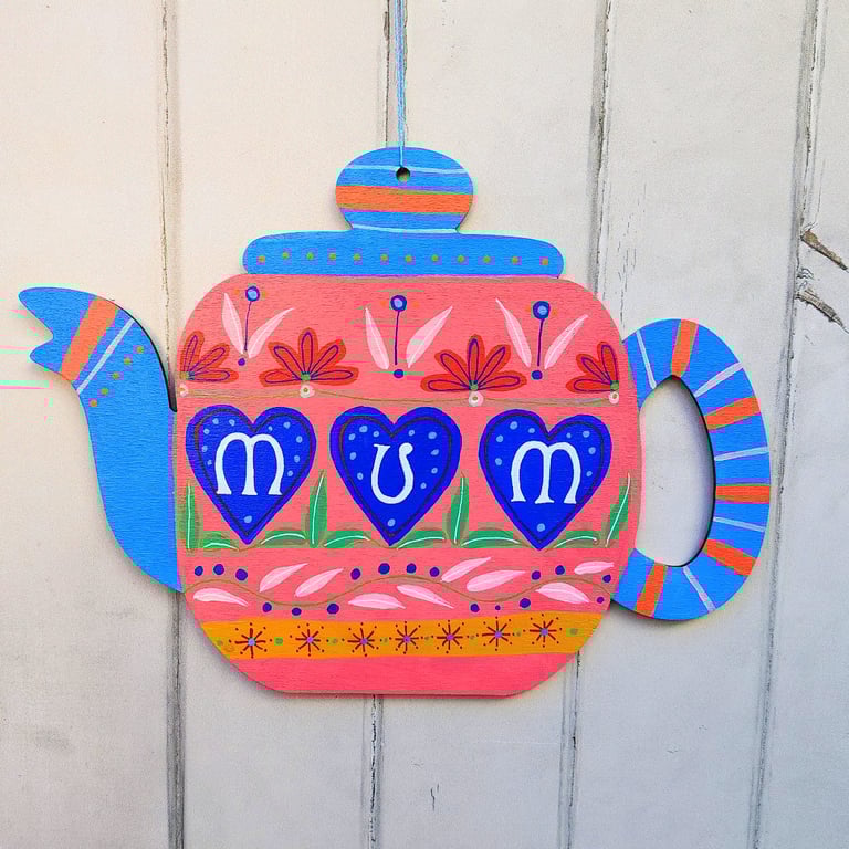 Mum Hand painted wooden hanging teapot decoration heart flower wall art