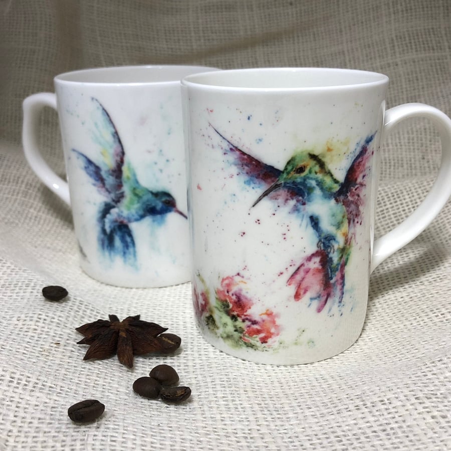 Hummingbird Jewels Bone China Mug, China Cup, Wildlife Art Mug by Artist Sandi M